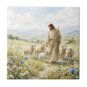 Jesus Good Shepherd Wildflower Watercolor Ceramic Tile