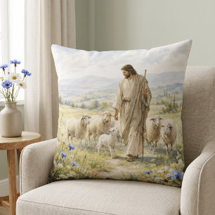 Jesus Good Shepherd Wildflower Watercolor Cushion