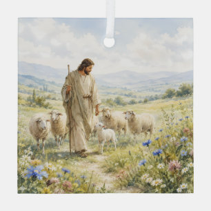 Jesus Good Shepherd Wildflower Watercolor Glass Tree Decoration