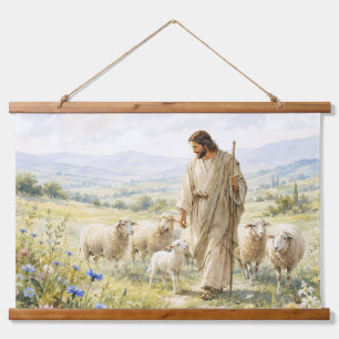 Jesus Good Shepherd Wildflower Watercolor Hanging Tapestry