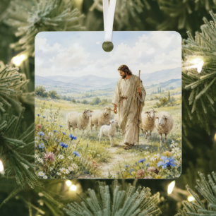 Jesus Good Shepherd Wildflower Watercolor Metal Tree Decoration