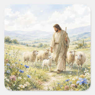 Jesus Good Shepherd Wildflower Watercolor Square Sticker