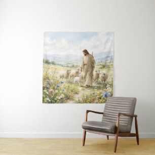 Jesus Good Shepherd Wildflower Watercolor Tapestry