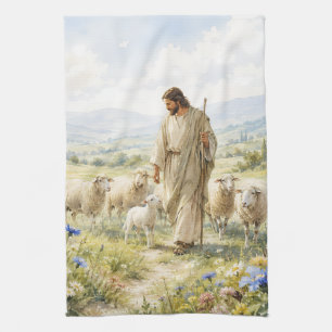 Jesus Good Shepherd Wildflower Watercolor Tea Towel