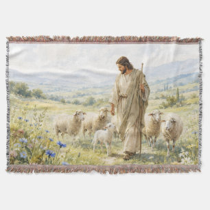 Jesus Good Shepherd Wildflower Watercolor Throw Blanket