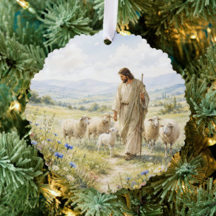 Jesus Good Shepherd Wildflower Watercolor Tree Decoration Card