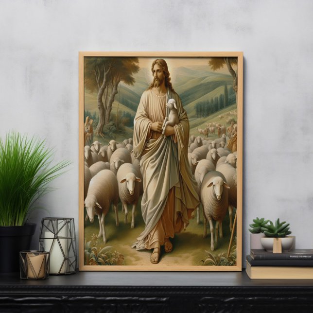 Jesus Guiding Sheep Through Green Pastures Poster (Creator Uploaded)