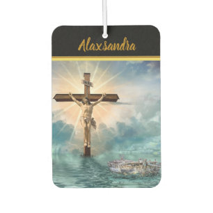 Jesus hanging from a christian crucifixion cross. car air freshener