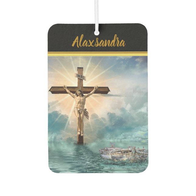Jesus hanging from a christian crucifixion cross. car air freshener (Front)