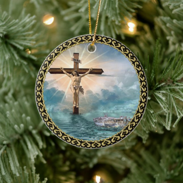 Jesus hanging from a christian crucifixion cross. ceramic ornament (Tree)