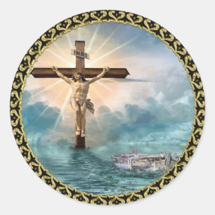 Jesus hanging from a christian crucifixion cross. classic round sticker