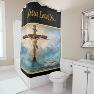 Jesus hanging from a christian crucifixion cross shower curtain