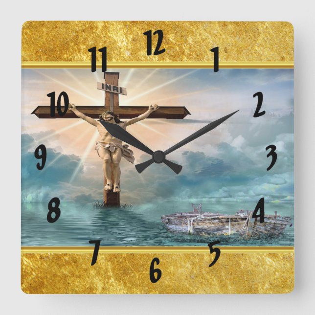 Jesus hanging from a christian crucifixion cross square wall clock (Front)