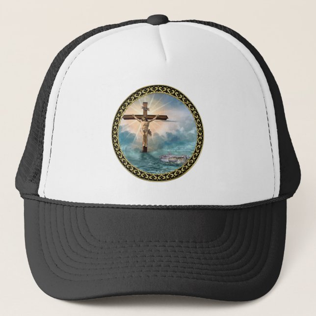 Jesus hanging from a christian crucifixion cross. trucker hat (Front)