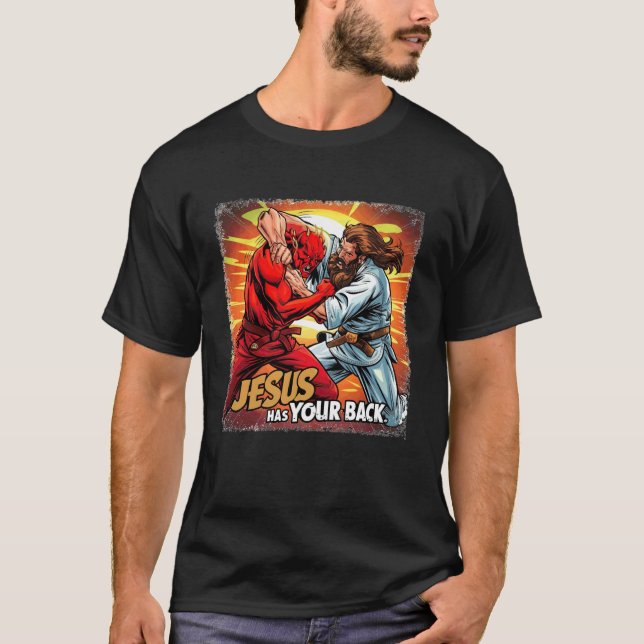 Jesus Has Your Back Jiu Jitsu Retro Christian Men  T-Shirt (Front)