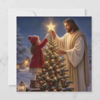 Jesus Helps Little Girl Decorate Christmas Tree Holiday Card