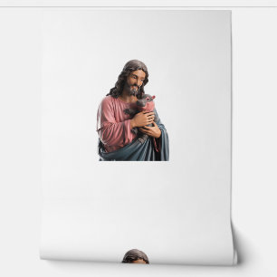 Jesus Holding a Baby Hippo Painting Playful Twist Wallpaper