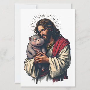 Jesus Holding a Baby Moo Deng Hippo Invitation