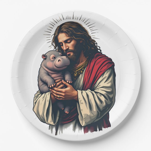 Jesus Holding a Baby Moo Deng Hippo  Paper Plate (Front)
