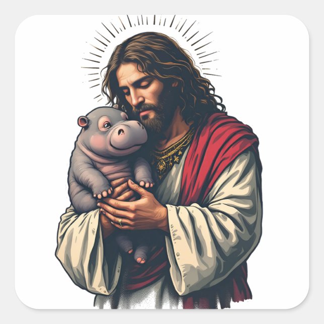 Jesus Holding a Baby Moo Deng Hippo  Square Sticker (Front)