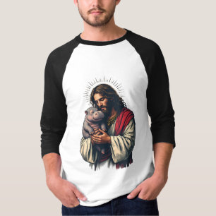Jesus Holding a Baby Moo Deng Hippo T-Shirt