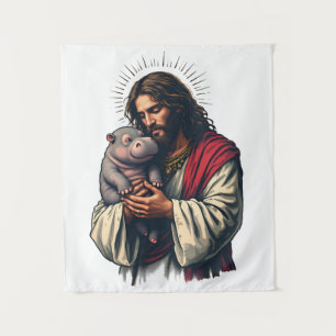 Jesus Holding a Baby Moo Deng Hippo Tapestry