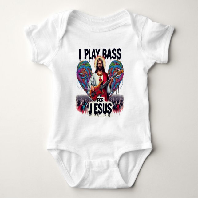 Jesus holding a bass guitar baby bodysuit (Front)