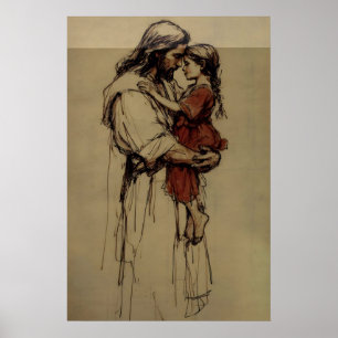 Jesus Holding A Child Minimalist Christian Sketch Poster