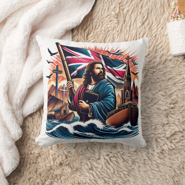 Jesus holding a flag amidst stormy seas cushion (Blanket)
