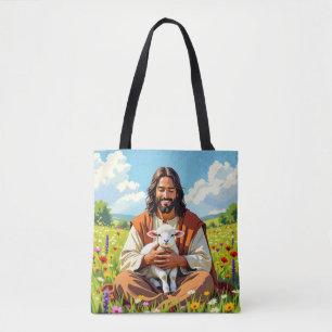 Jesus holding a Lamb   Religious Christian Tote Bag