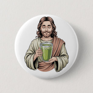 Jesus Holding a Matcha Green Drink Christian 6 Cm Round Badge