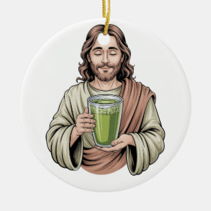 Jesus Holding a Matcha Green Drink Christian Ceramic Ornament