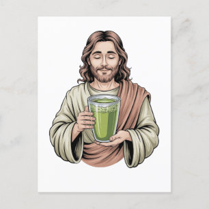 Jesus Holding a Matcha Green Drink Christian Invitation Postcard