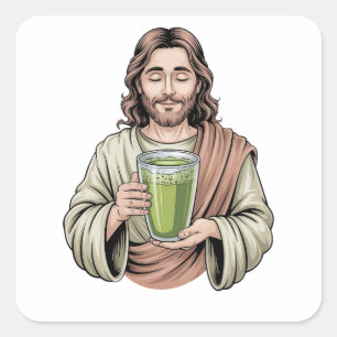 Jesus Holding a Matcha Green Drink Christian Square Sticker