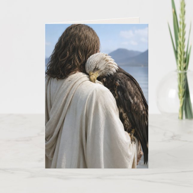 Jesus Holding a Tired Bald Eagle Card (Front)