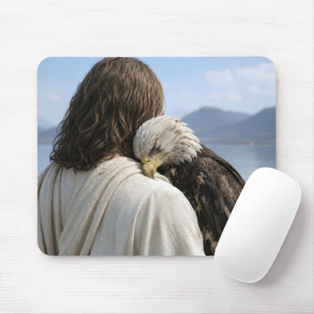 Jesus Holding a Tired Bald Eagle Mouse Pad (With Mouse)