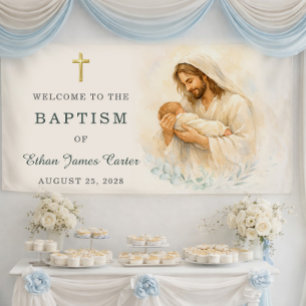 Jesus Holding Baby Baptism Welcome Watercolor Banner