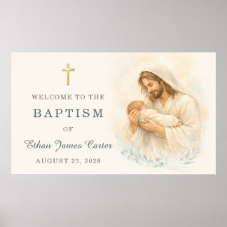 Jesus Holding Baby Baptism Welcome Watercolor Poster