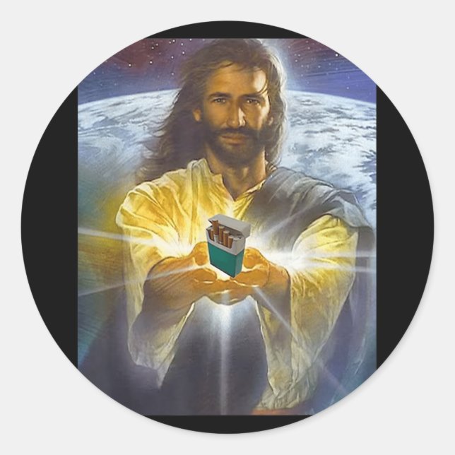 Jesus Holding Cigarettes, Funny Jesus  Classic Round Sticker (Front)