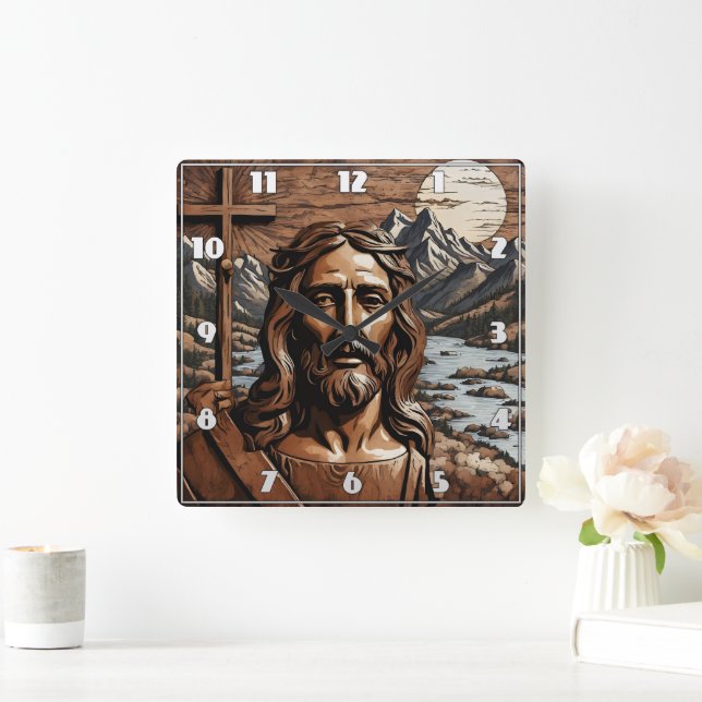 Jesus Holding Cross by Mountain River at Sunset Square Wall Clock (Home)