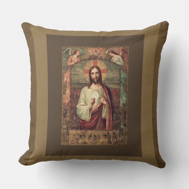Jesus holding Eucharist Host with Angels Above Cushion (Front)