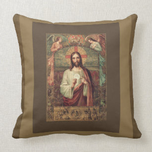 Jesus holding Eucharist Host with Angels Above Cushion