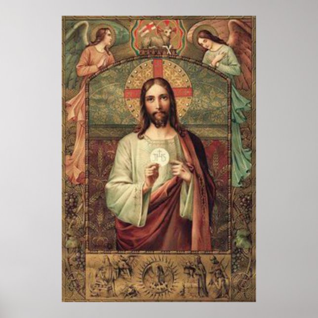 Jesus holding Eucharist Host with Angels Above Poster (Front)
