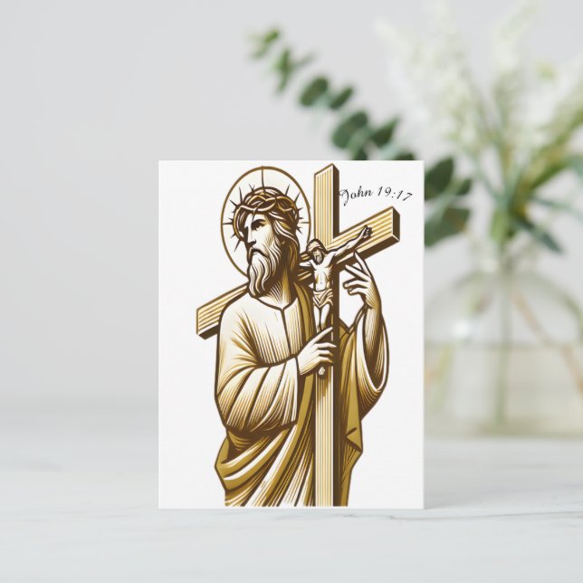 Jesus Holding Gold Cross in Devotion Postcard (Standing Front)