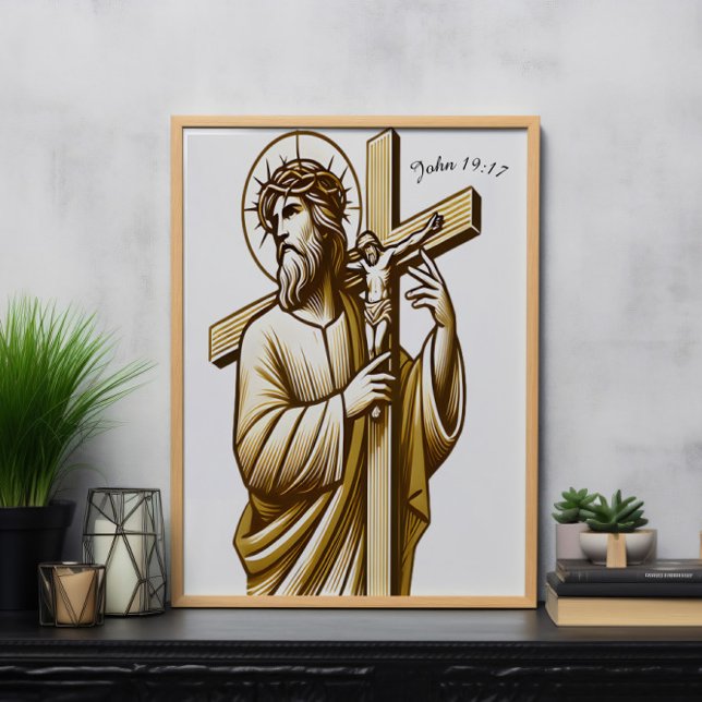 Jesus Holding Gold Cross in Devotion Poster (Creator Uploaded)