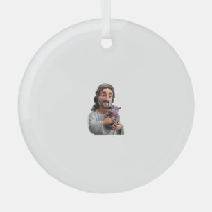 Jesus Holding Moo Deng_ Art Blending Whimsy Faith Glass Tree Decoration