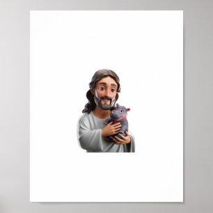 Jesus Holding Moo Deng_ Art Blending Whimsy Faith Poster