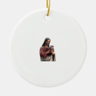 Jesus Holding Moo Deng the Pygmy Hippo Classic Art Ceramic Ornament