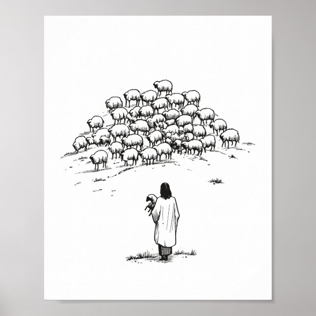 Jesus Holding the Lost Lamb Among the Flock Poster (Front)