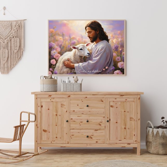 Jesus Holding The Lost Lamb Christian Art Poster (Religious Poster Jesus Holding the Lamb The Lord is My Shepherd Art)